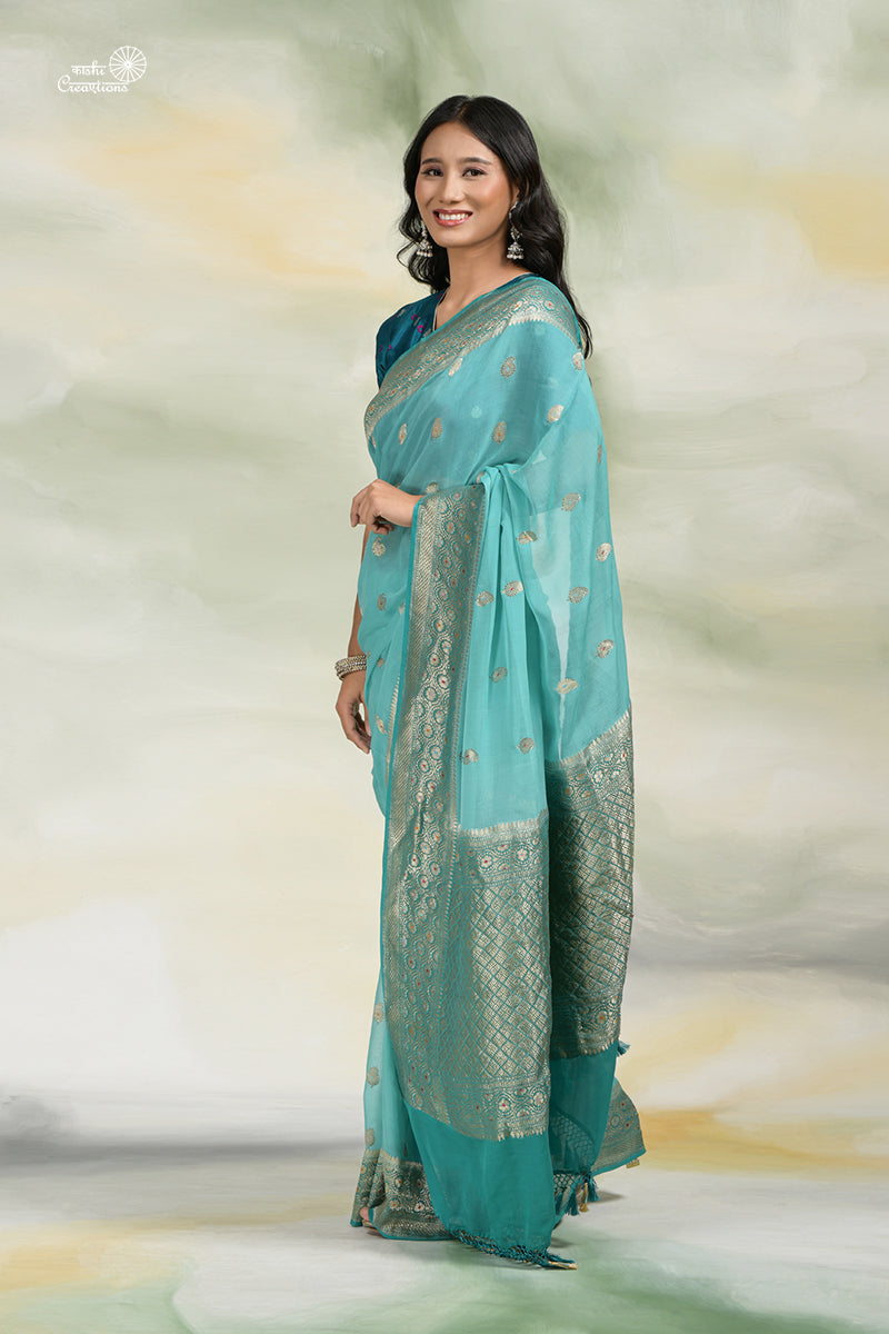 Aqua Blue shaded Chiffon Georgette Silk Handloom Banarasi Saree with Meenakari