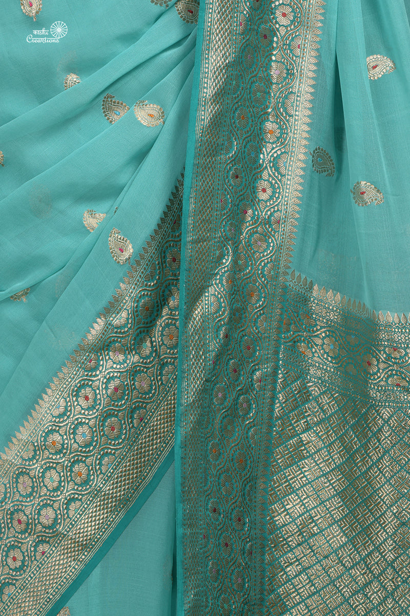 Aqua Blue shaded Chiffon Georgette Silk Handloom Banarasi Saree with Meenakari