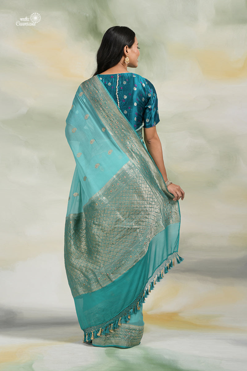 Aqua Blue shaded Chiffon Georgette Silk Handloom Banarasi Saree with Meenakari