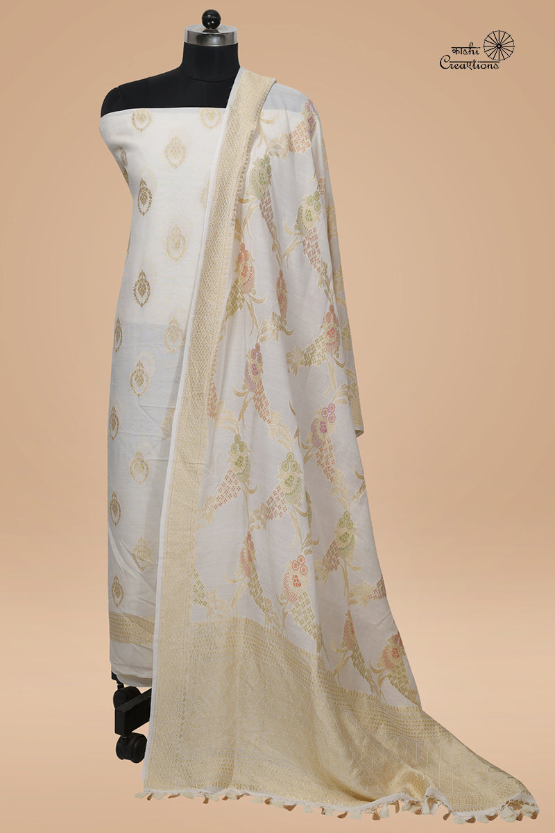 Off White Pure Munga Silk Handloom Banarasi Suit Set with Meenakari