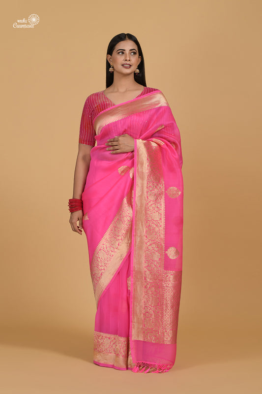 Candy Pink Pure Kora Silk Handloom Banarasi Saree