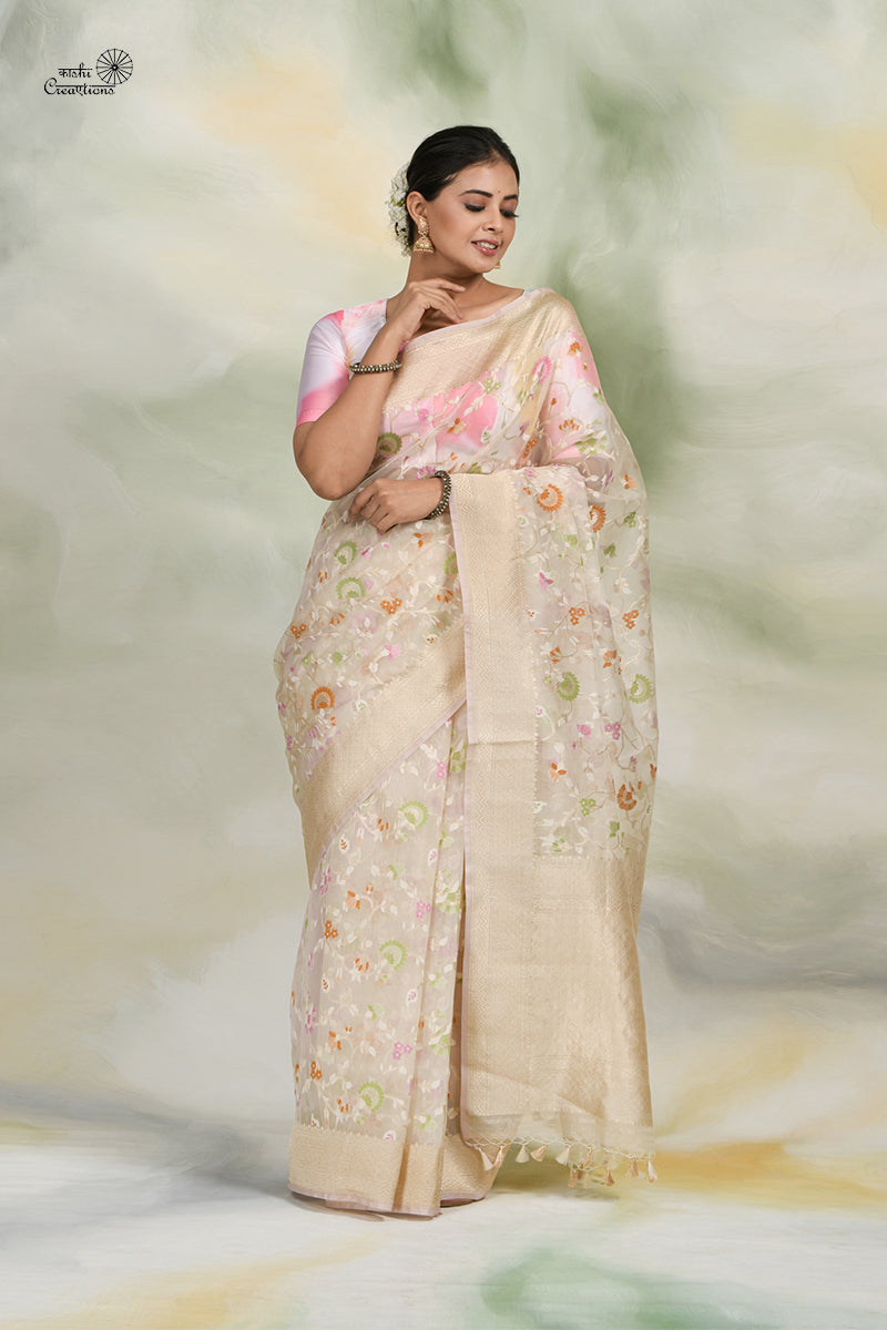 Off White Pure Kora Silk Jamdani Handwoven Saree