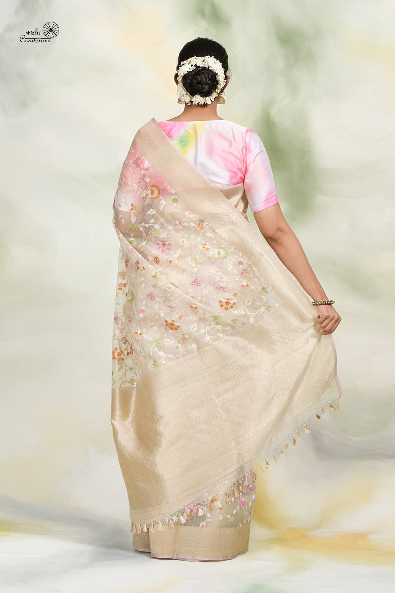 Off White Pure Kora Silk Jamdani Handwoven Saree