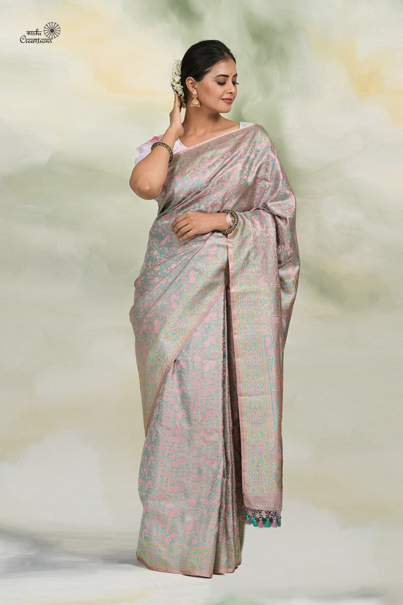 Light Pink Tanchui Jamawar Pure Katan Silk Handlom Banarasi Saree