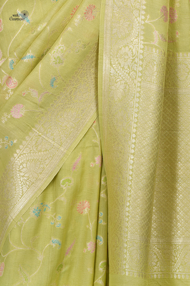 Light Parrot Green Pure Tussar Georgette Handloom Bnarasi Saree