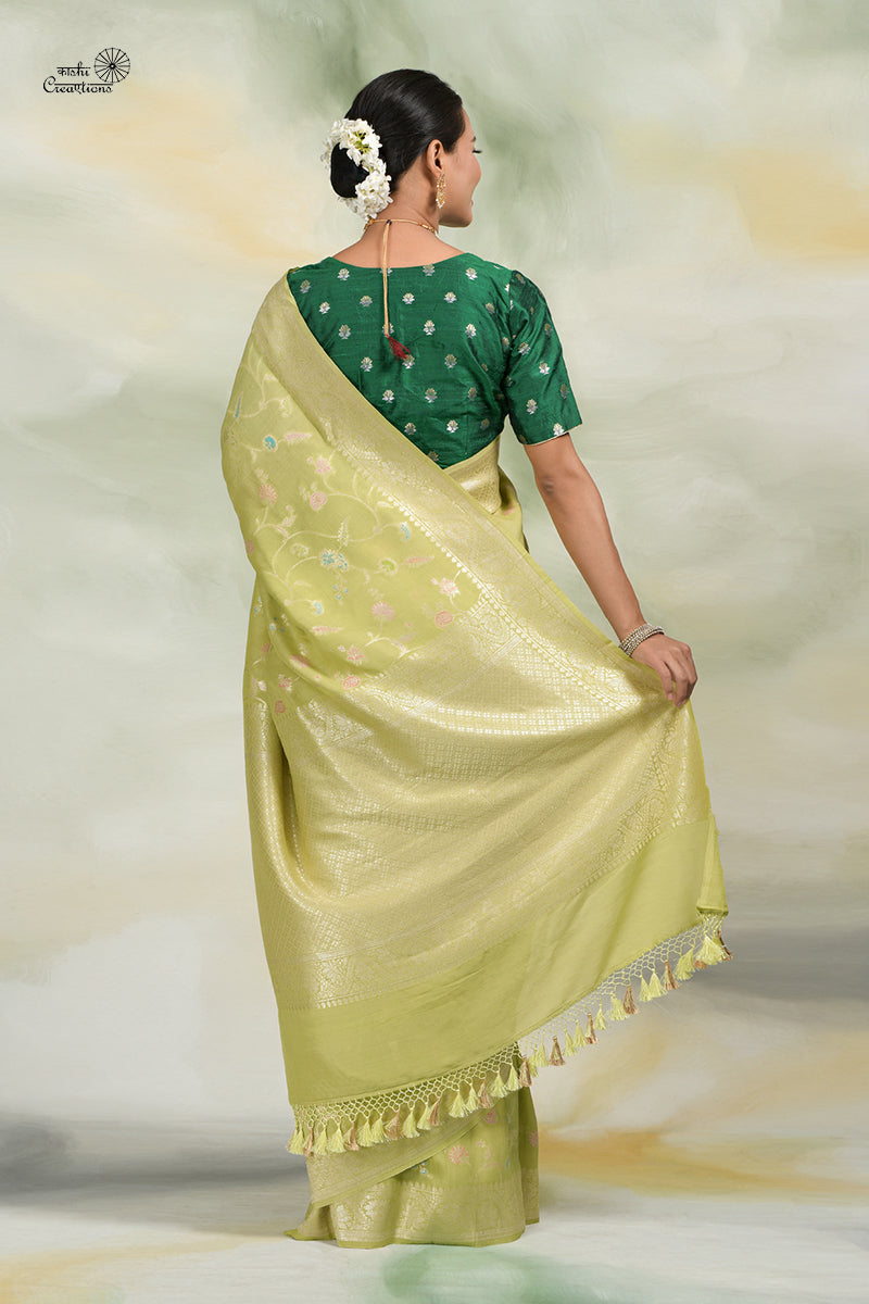 Light Parrot Green Pure Tussar Georgette Handloom Bnarasi Saree