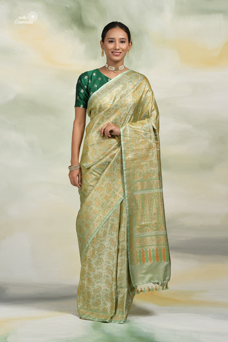 Light Sea Green Pure Katan Silk Tanchui Jamawar Handloom Banarasi Saree