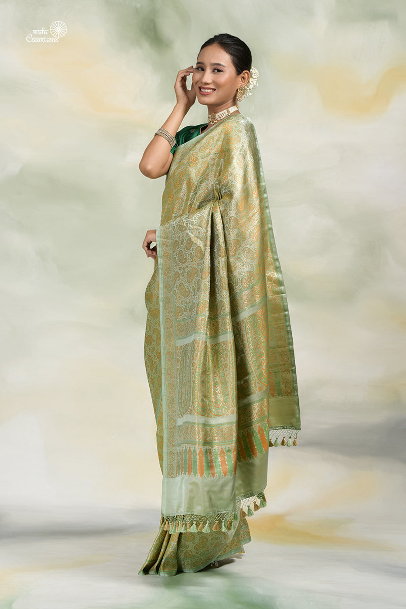 Light Sea Green Pure Katan Silk Tanchui Jamawar Handloom Banarasi Saree