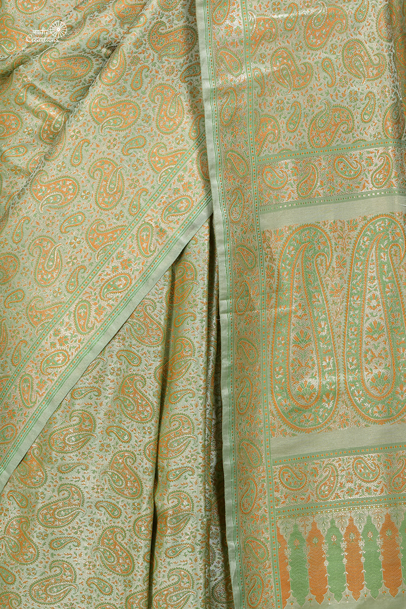 Light Sea Green Pure Katan Silk Tanchui Jamawar Handloom Banarasi Saree