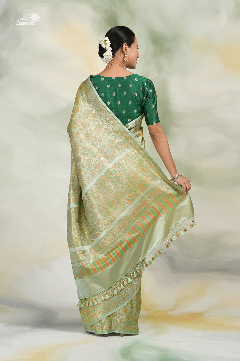 Light Sea Green Pure Katan Silk Tanchui Jamawar Handloom Banarasi Saree