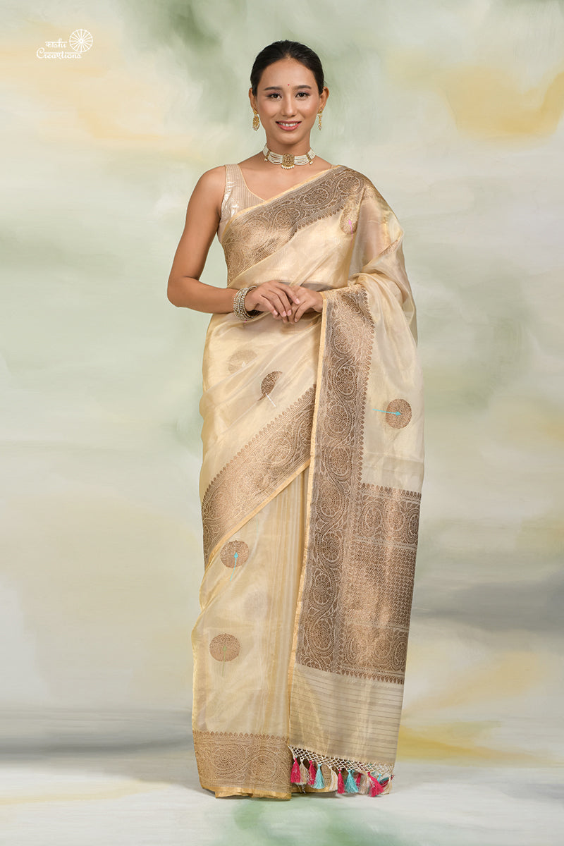 Off white Golden Pure Tissue Kora Handwoven Banarasi Saree