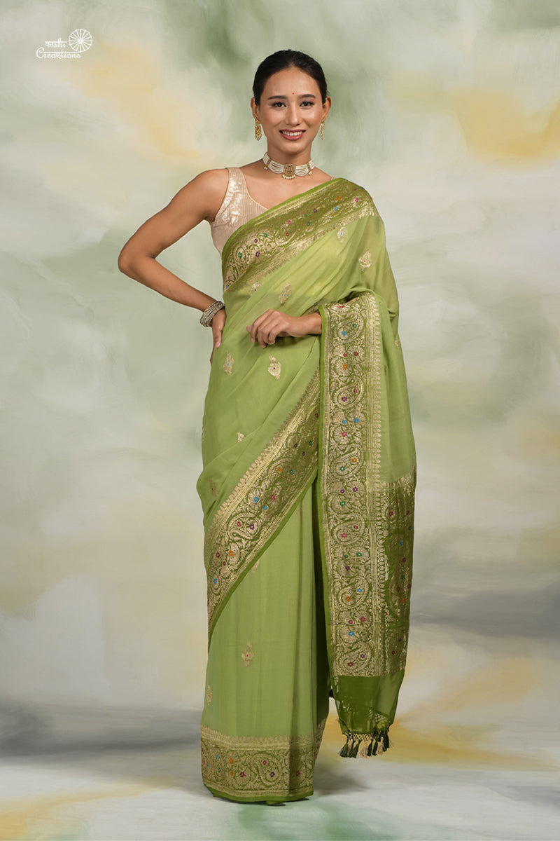 Light and Dark Mehndi Green Shaded Chiffon Georgette Hnadloom Banarasi with Meenakari