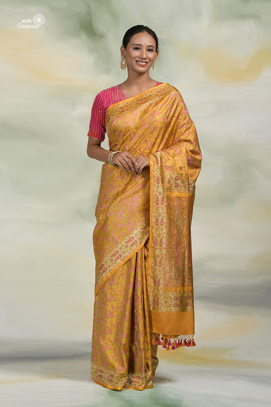 Mustard Yellow and Pink Pure Katan Silk Tanchui Jamawar Handloom Saree with Zari