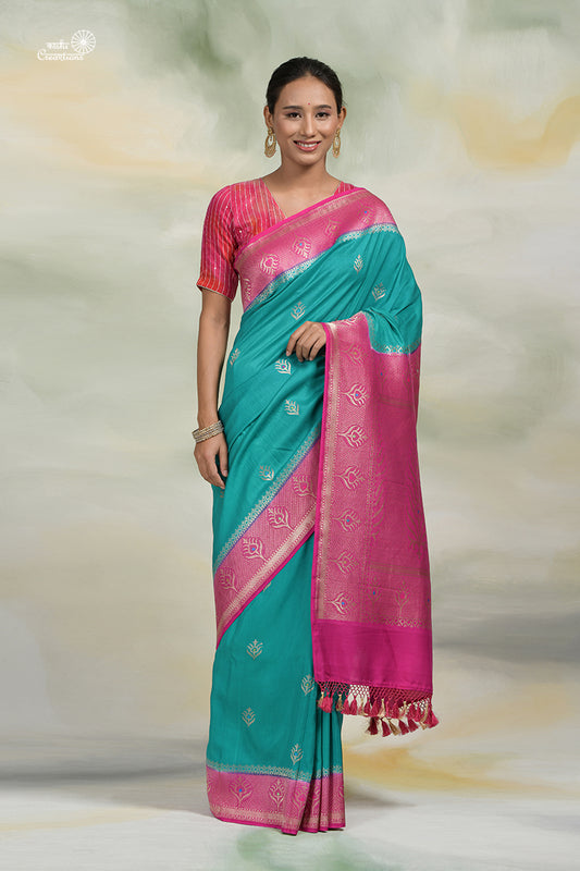 Turquoise  Blue and Pink Pure Katan Malmal Handloom Banarasi Saree