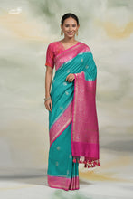 Load image into Gallery viewer, Turquoise  Blue and Pink Pure Katan Malmal Handloom Banarasi Saree
