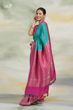 Load image into Gallery viewer, Turquoise  Blue and Pink Pure Katan Malmal Handloom Banarasi Saree
