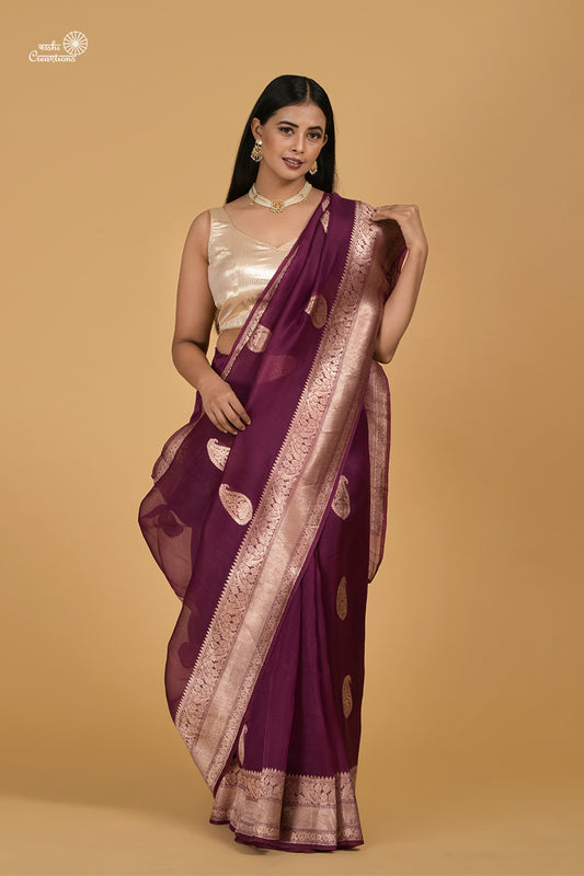 Wine  Pure Kora Silk Handloom Banarasi Saree with Golden Zari