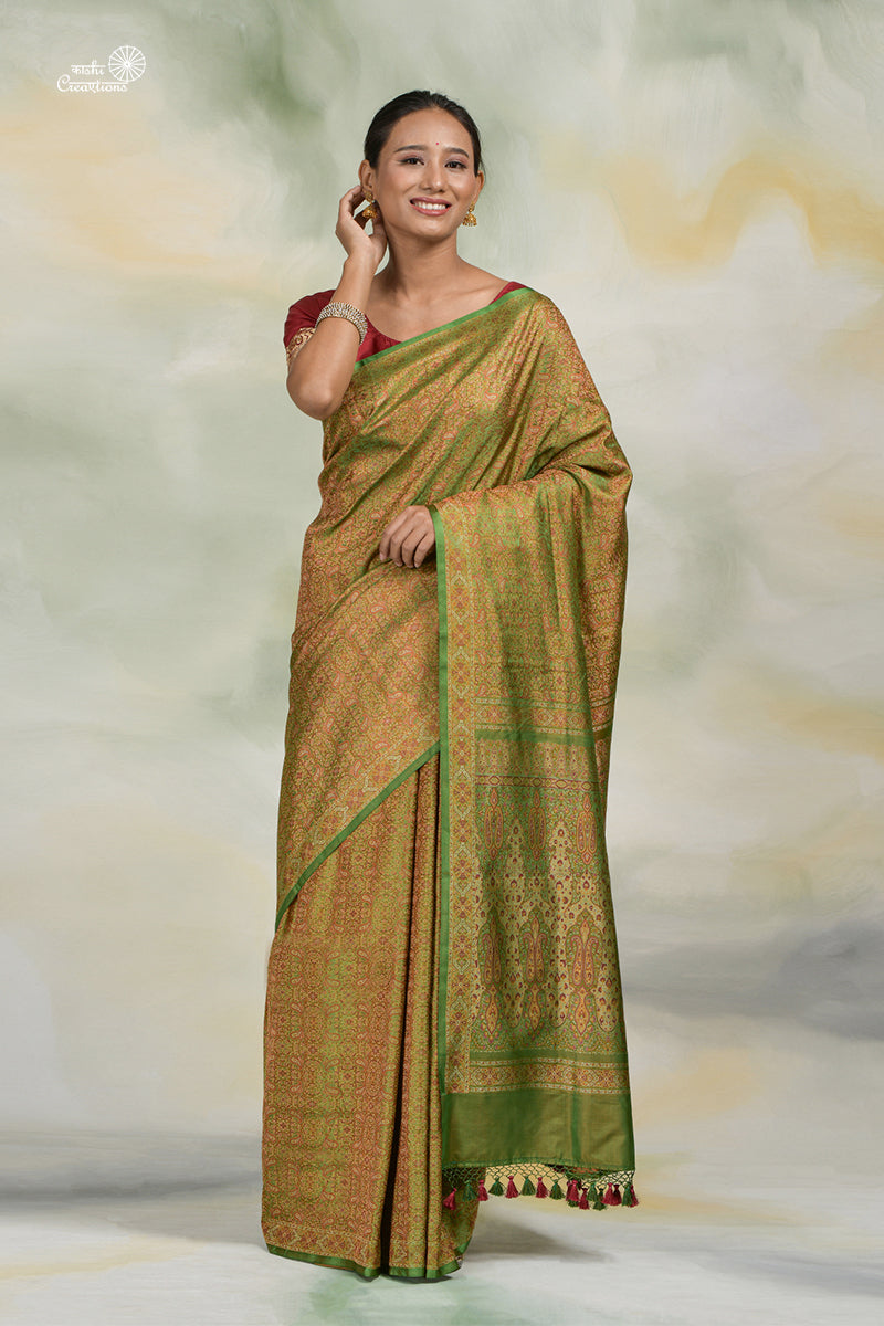 Mehndi Green Tanchui Jamawar Pure Katan Silk Handloom Banarasi Saree with Zari