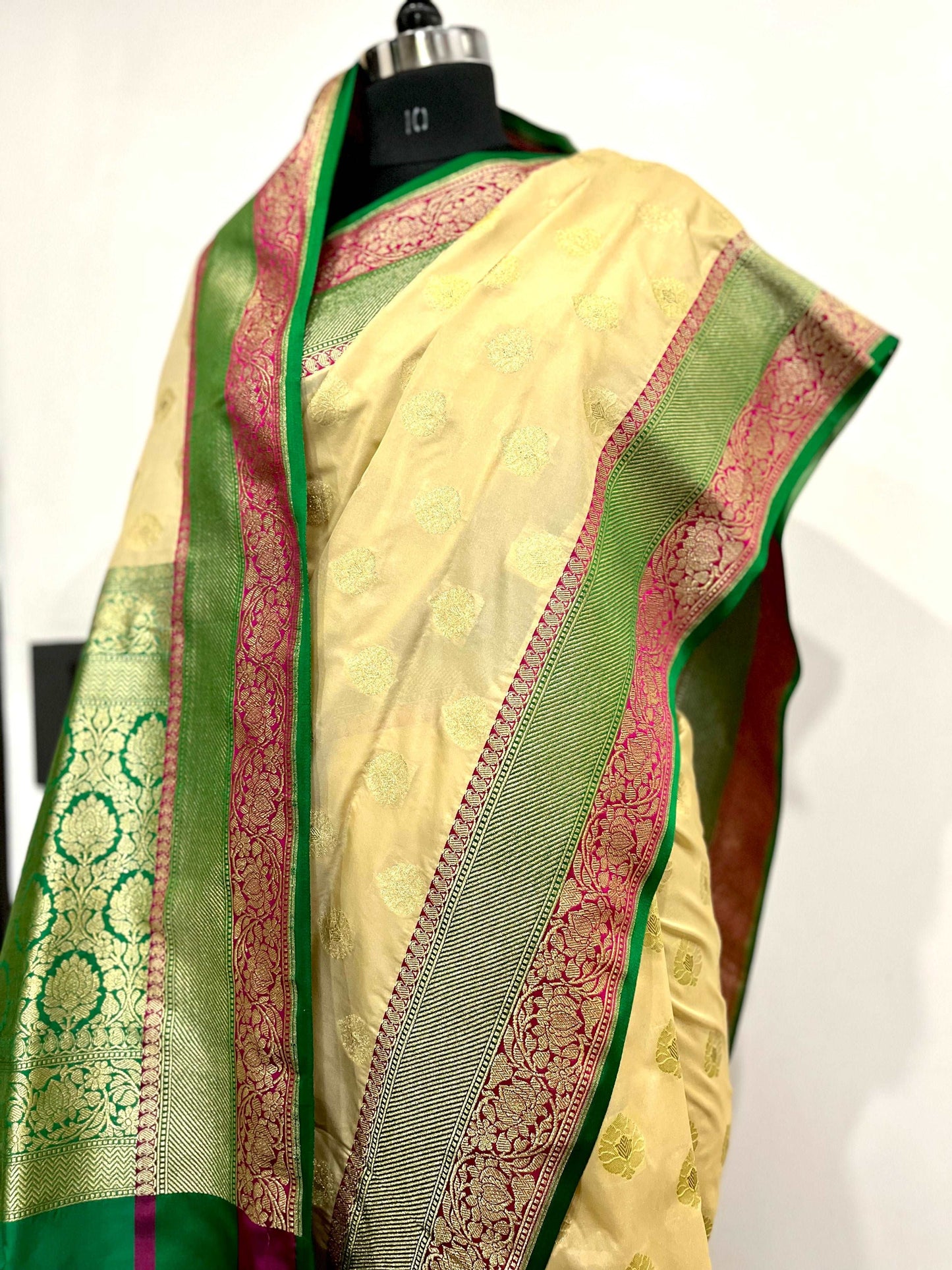 Cream and Green Pure Silk Handloom Banarasi Saree