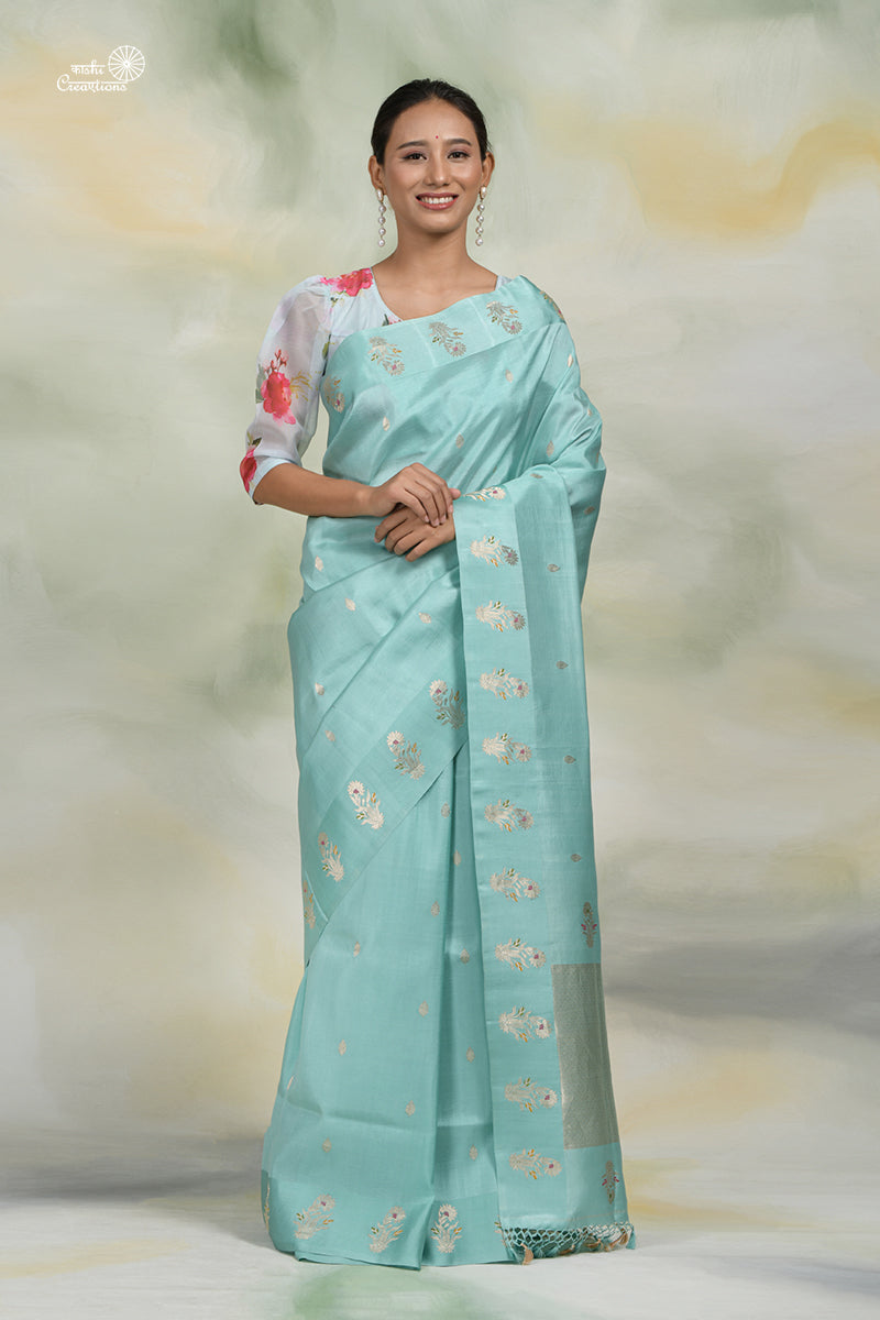 Sky Blue (aasmani) Pure Katan Silk Handloom Banarasi Saree with Satin Border with Meenakari