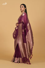 Load image into Gallery viewer, Wine  Pure Kora Silk Handloom Banarasi Saree with Golden Zari
