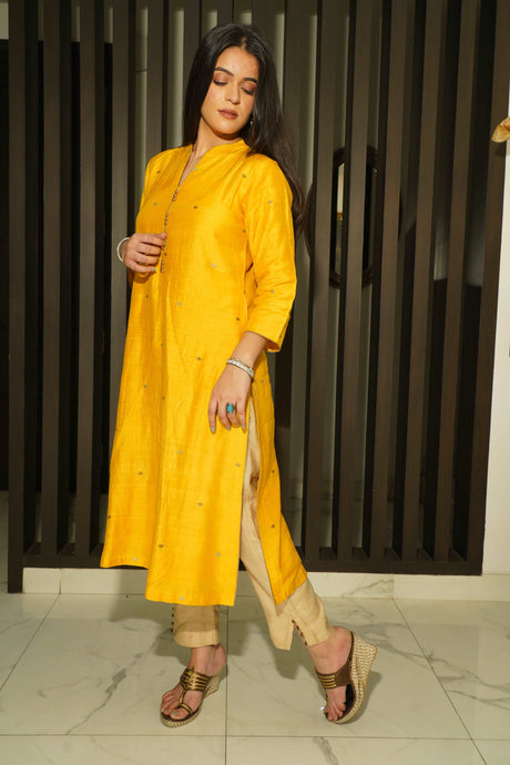 Bright Yellow Pure Munga Silk Khadhwa Boota Handcrafted Stitched Banarasi Kurta