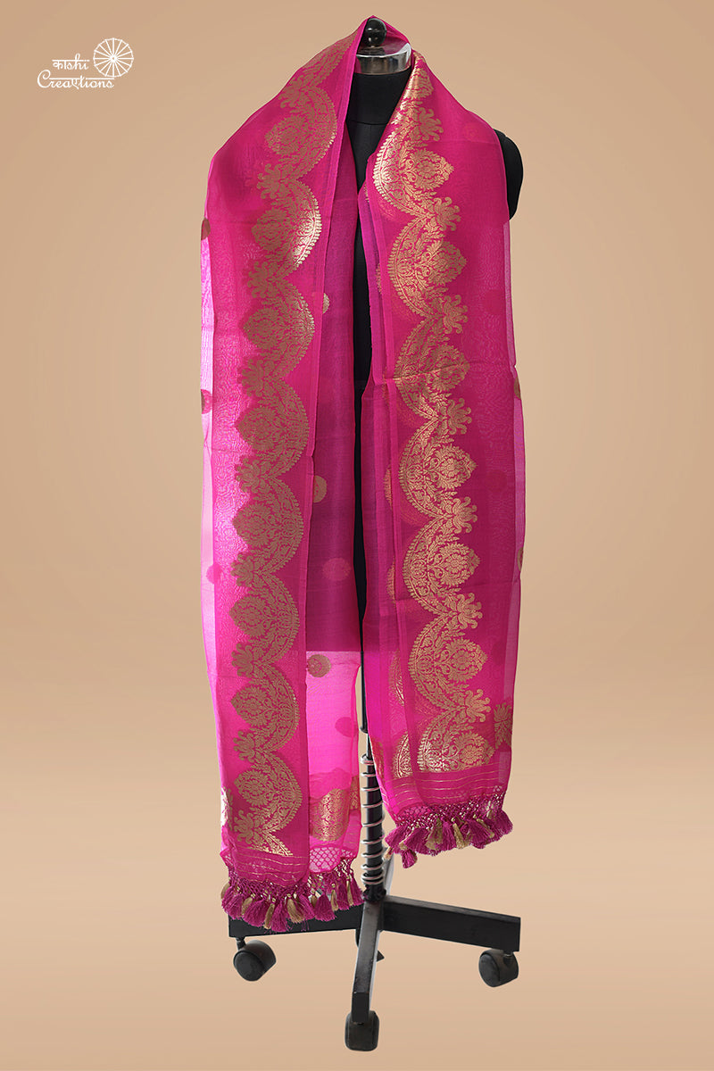Pink Pure Kora Silk Handloom Banarasi Dupatta