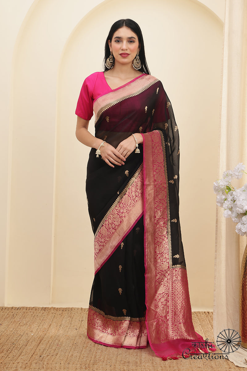 Black and Pink Pure Kora Silk Handloom Banarasi Saree