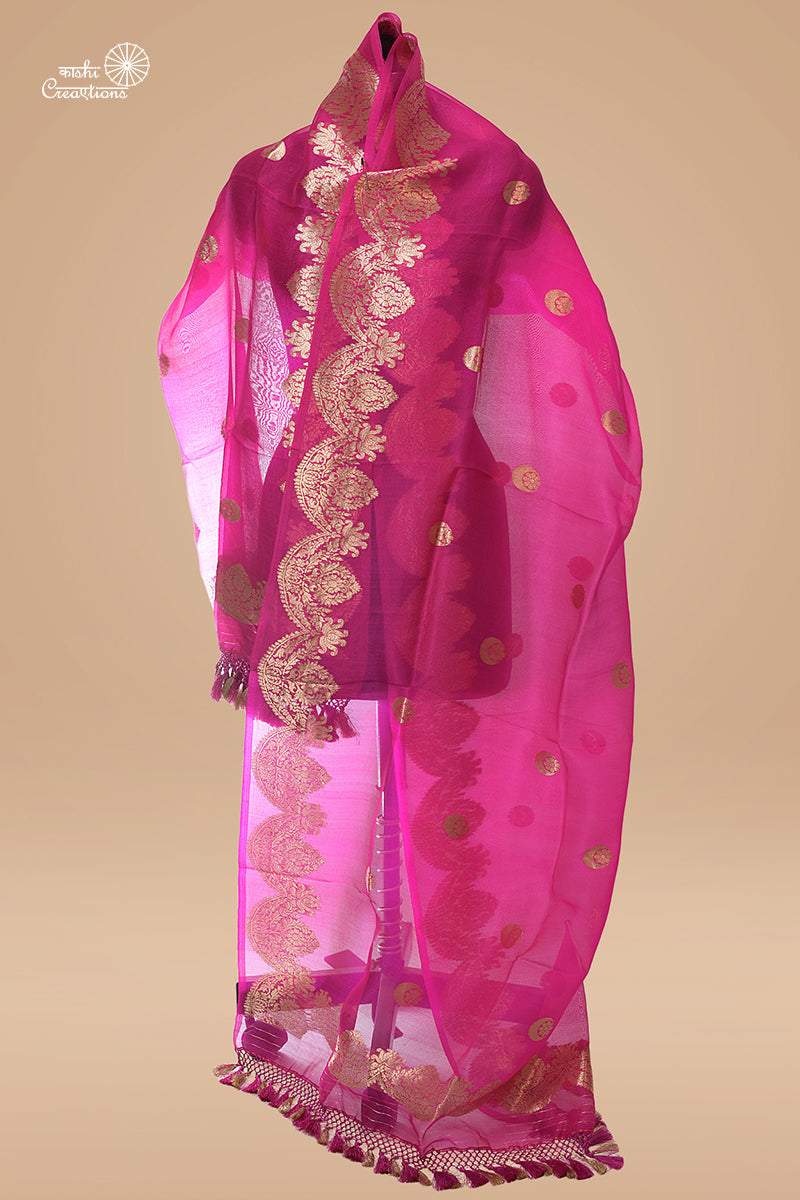 Pink Pure Kora Silk Handloom Banarasi Dupatta