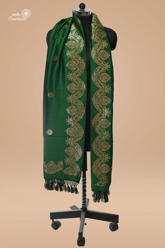 Bottle Green Pure Katan Silk Chandbali Boota and Scallop Border Handloom Banarasi Dupatta