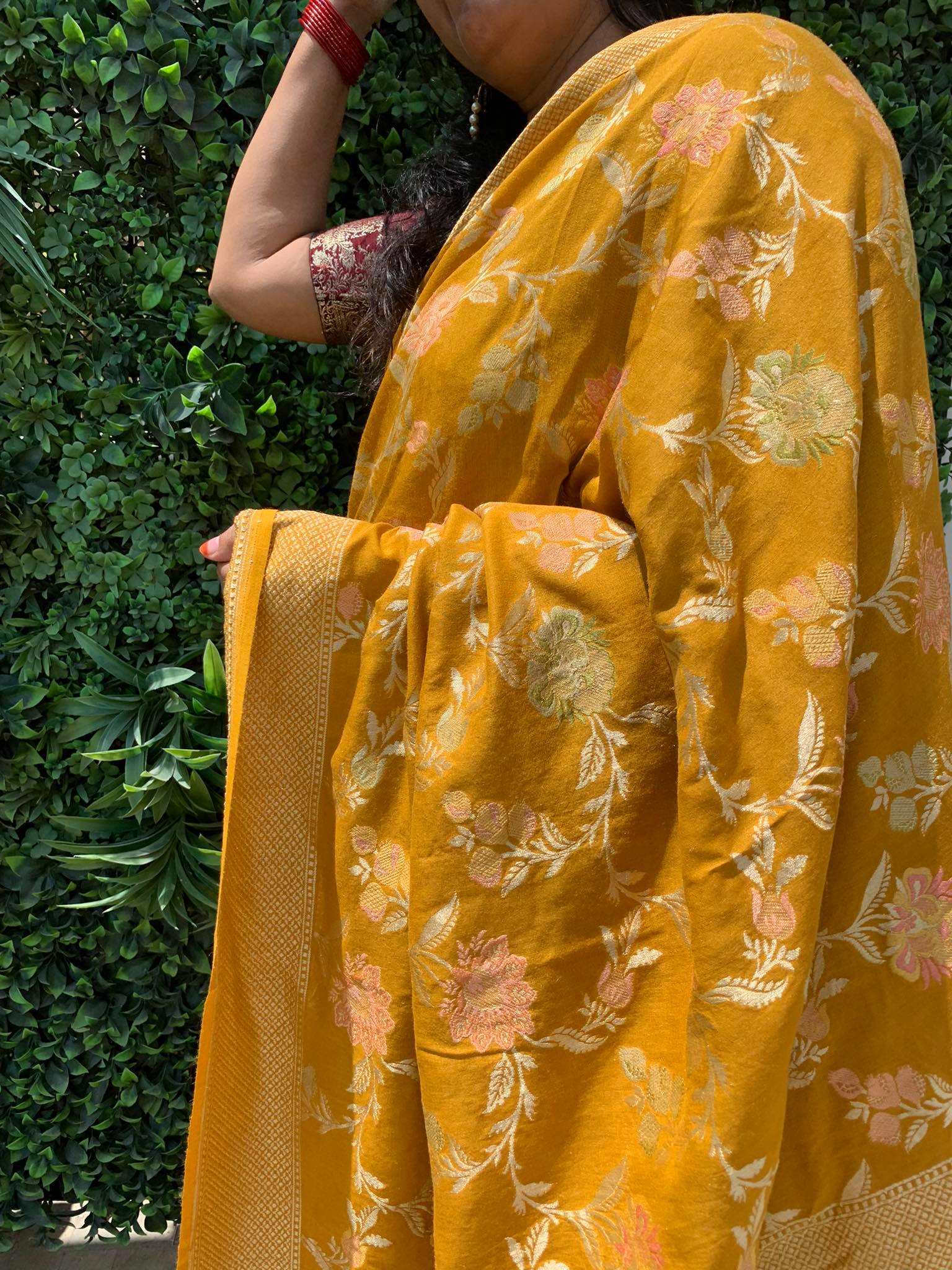 Mustard Jungla Chiffon Munga Handwoven Saree