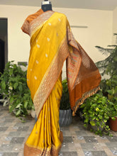 Load image into Gallery viewer, Mustard Yellow and Brown Pure Mashru Silk Handwoven Banarasi Saree in Khadwa Boota Border with Meena
