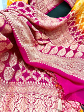 Load image into Gallery viewer, Pink and Orange Pure Khaddi Georgette Banarasi Bandhej Handwoven Dupatta
