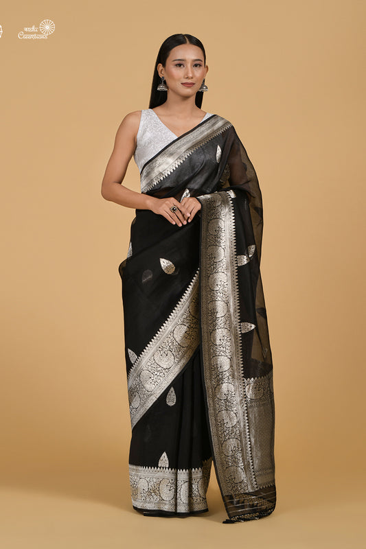 Black Pure Kora Silk Handloom Banarasi Saree in Silver Zari