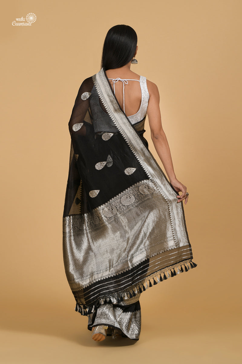 Black Pure Kora Silk Handloom Banarasi Saree in Silver Zari