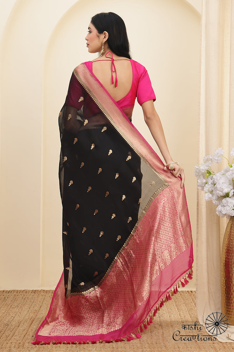 Black and Pink Pure Kora Silk Handloom Banarasi Saree