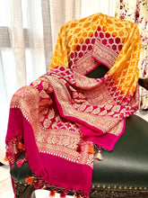 Load image into Gallery viewer, Pink and Orange Pure Khaddi Georgette Banarasi Bandhej Handwoven Dupatta
