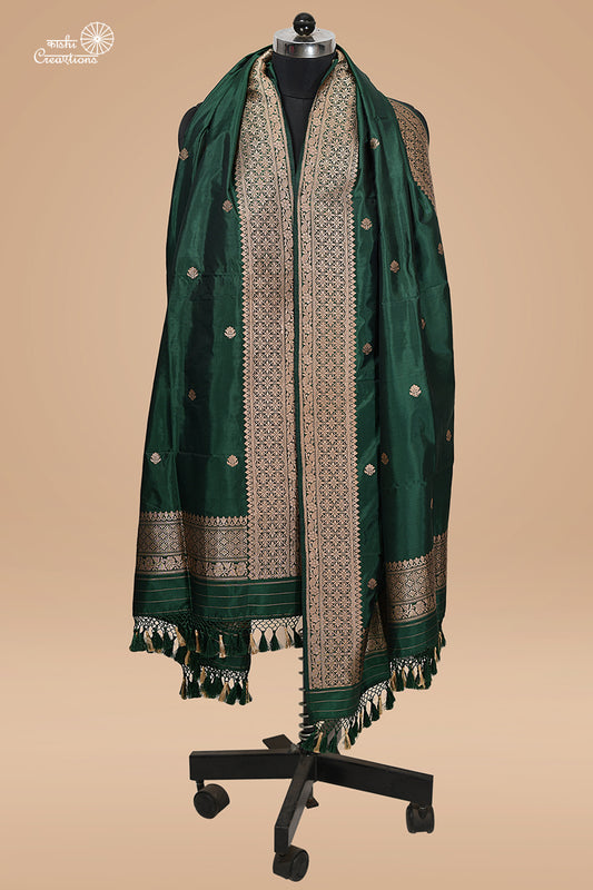 Bottle Green Pure Katan Silk Khadwa Handloom Banarasi Dupatta