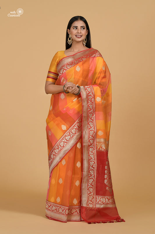 Yellow Orange and Red Rangkat dye Pure Kora Silk Handloom Banarasi Saree