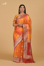 Load image into Gallery viewer, Yellow Orange and Red Rangkat dye Pure Kora Silk Handloom Banarasi Saree
