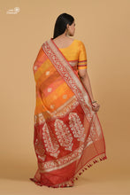 Load image into Gallery viewer, Yellow Orange and Red Rangkat dye Pure Kora Silk Handloom Banarasi Saree
