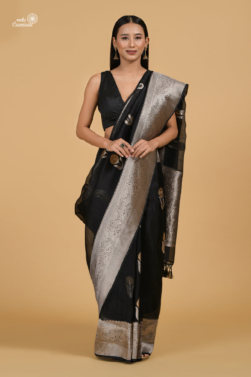Black Kora Silk Handloom Banarasi Saree with Roopa Sona Zari