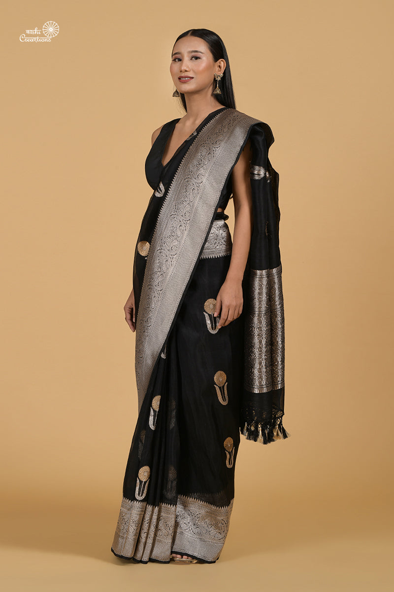 Black Kora Silk Handloom Banarasi Saree with Roopa Sona Zari