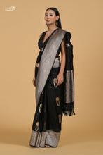 Load image into Gallery viewer, Black Kora Silk Handloom Banarasi Saree with Roopa Sona Zari
