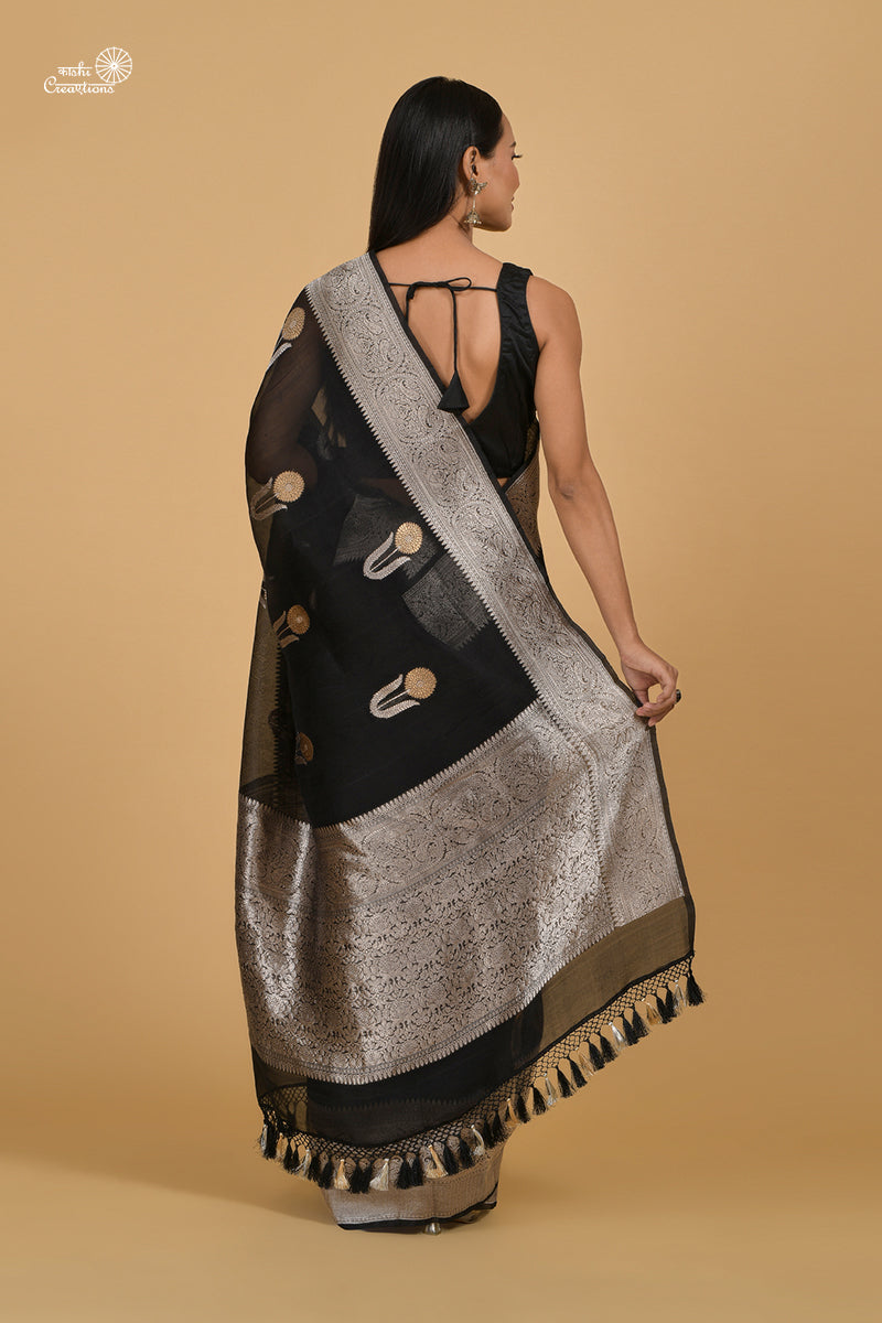 Black Kora Silk Handloom Banarasi Saree with Roopa Sona Zari