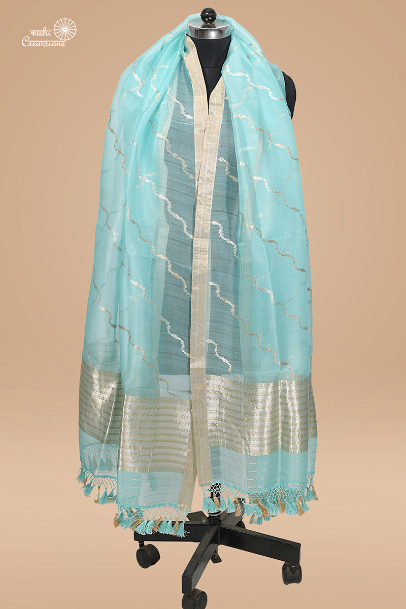 Sky Blue (Aasmani) Lehariya Bel Pure Kora Silk Handloom Banarasi Dupatta