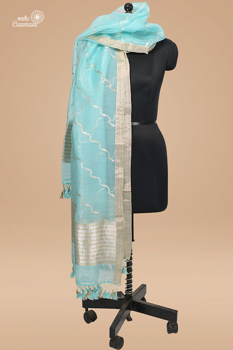 Sky Blue (Aasmani) Lehariya Bel Pure Kora Silk Handloom Banarasi Dupatta