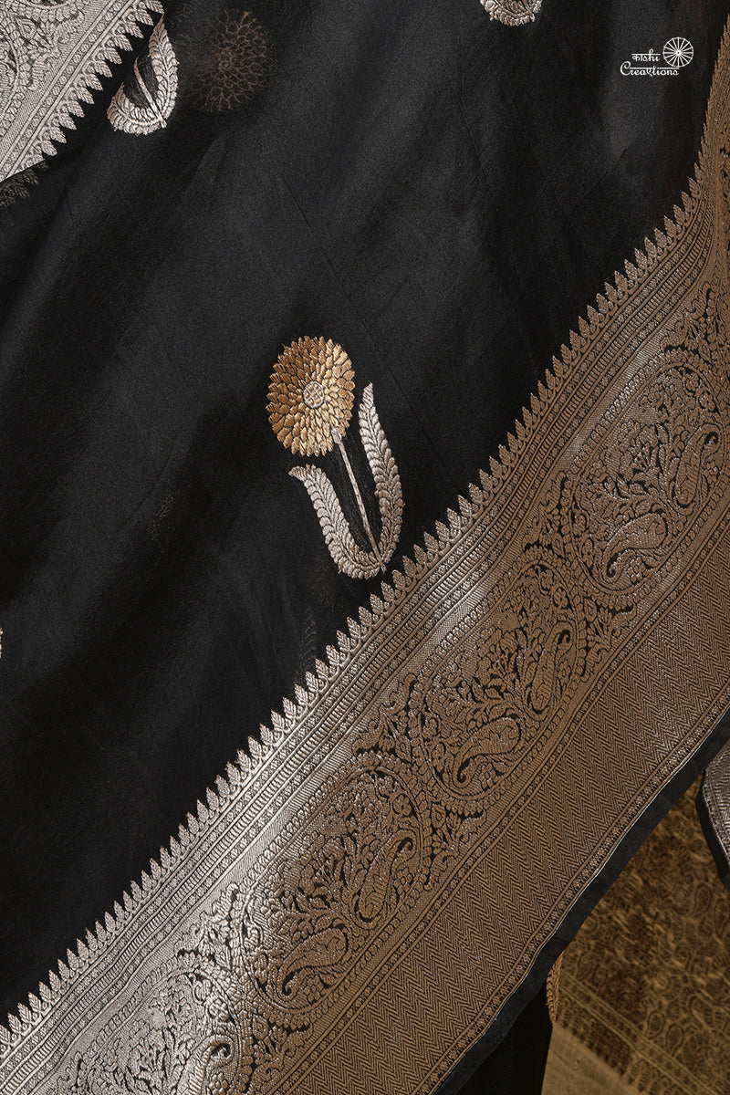 Black Kora Silk Handloom Banarasi Saree with Roopa Sona Zari