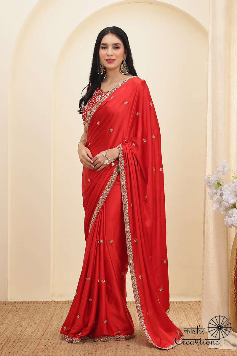 Red Pure Mashru Silk Handwoven  Hand Embroidery Banarasi Saree