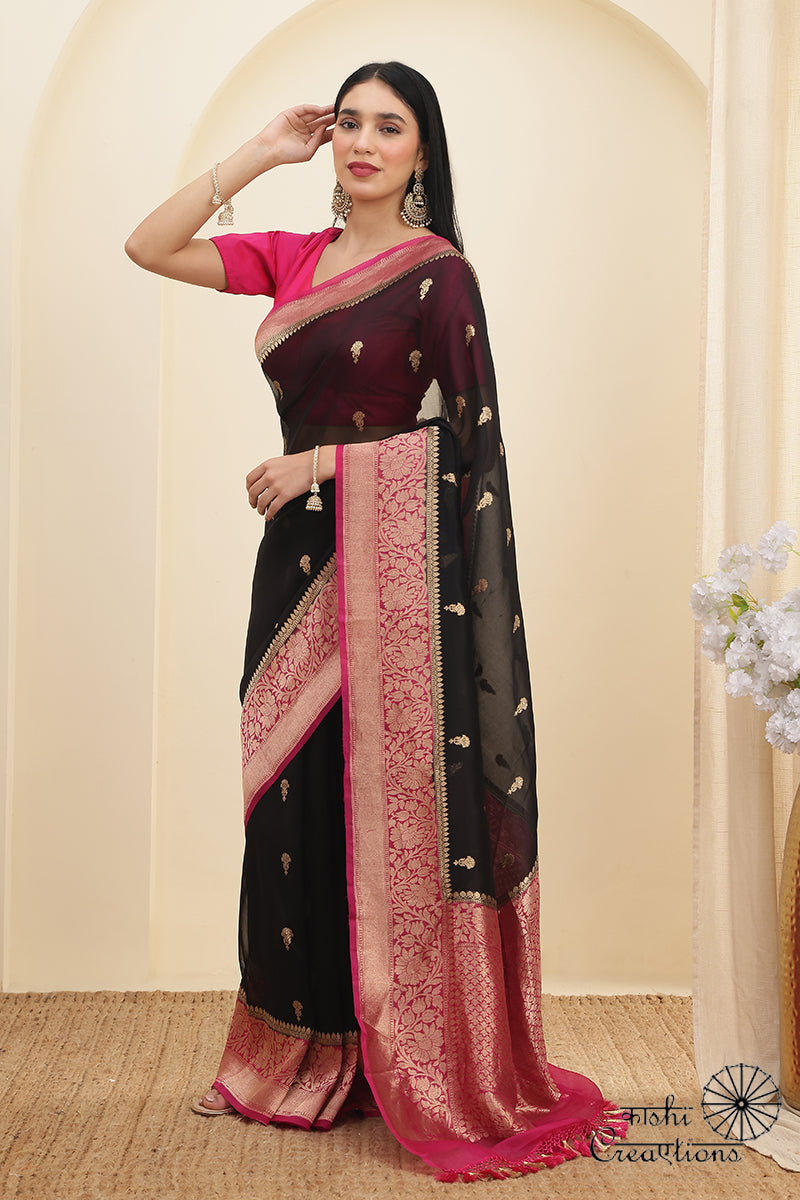 Black and Pink Pure Kora Silk Handloom Banarasi Saree